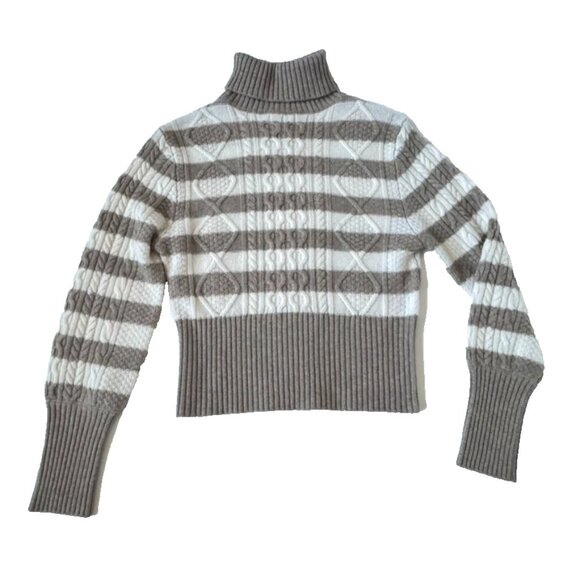 Jumper 1234 Womens S 100% Cashmere Stripe Sweater Turtleneck Roll Neck Tan Cream - Picture 1 of 7